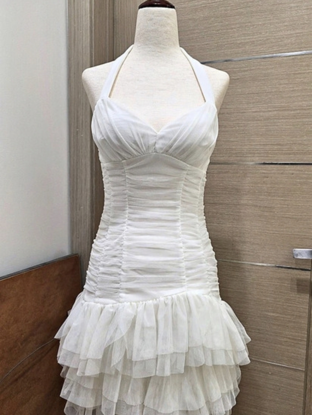 Ruched Tulle Mini Dress in White Size: 3/4